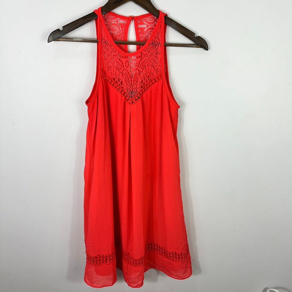 IZ Byer Red Crochet Mini Shift Dress Womens Small Sleeveless Romantic Feminine